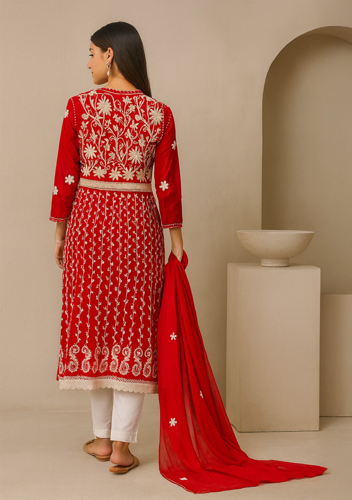 Red Georgette Kurti with Dupatta & Intricate Embroidery