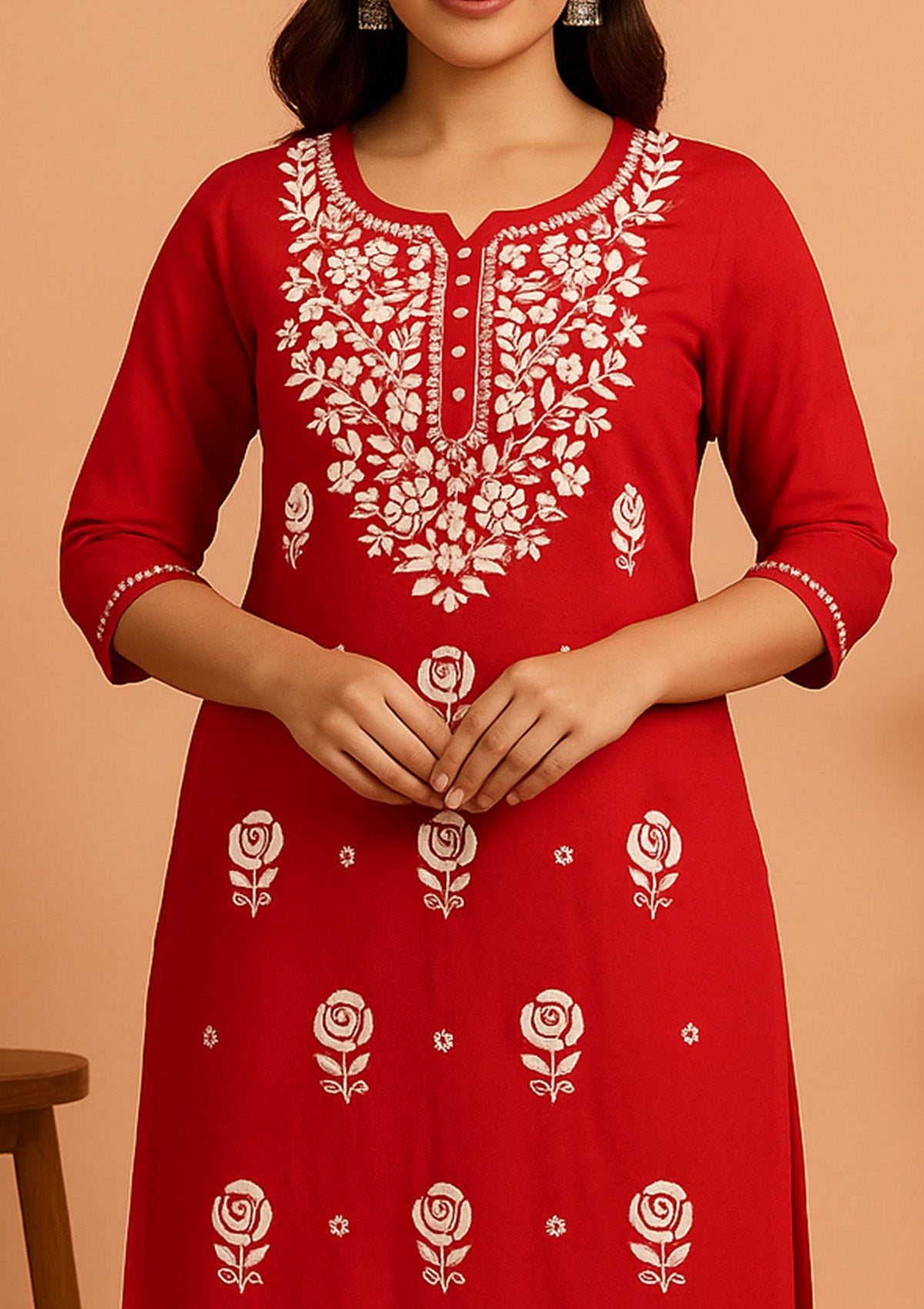 ClothingSutra Chikankari Embroidered Women’s Kurti – Red (Rayon)