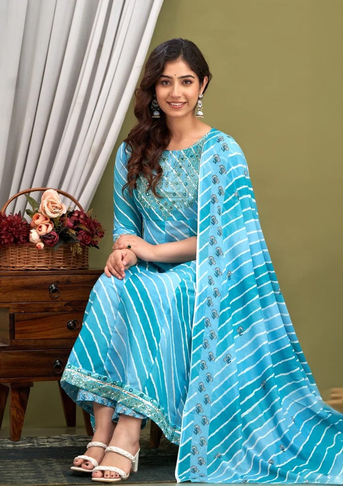 Blue Striped Masleen Fabric Stitched Suit Set for Women