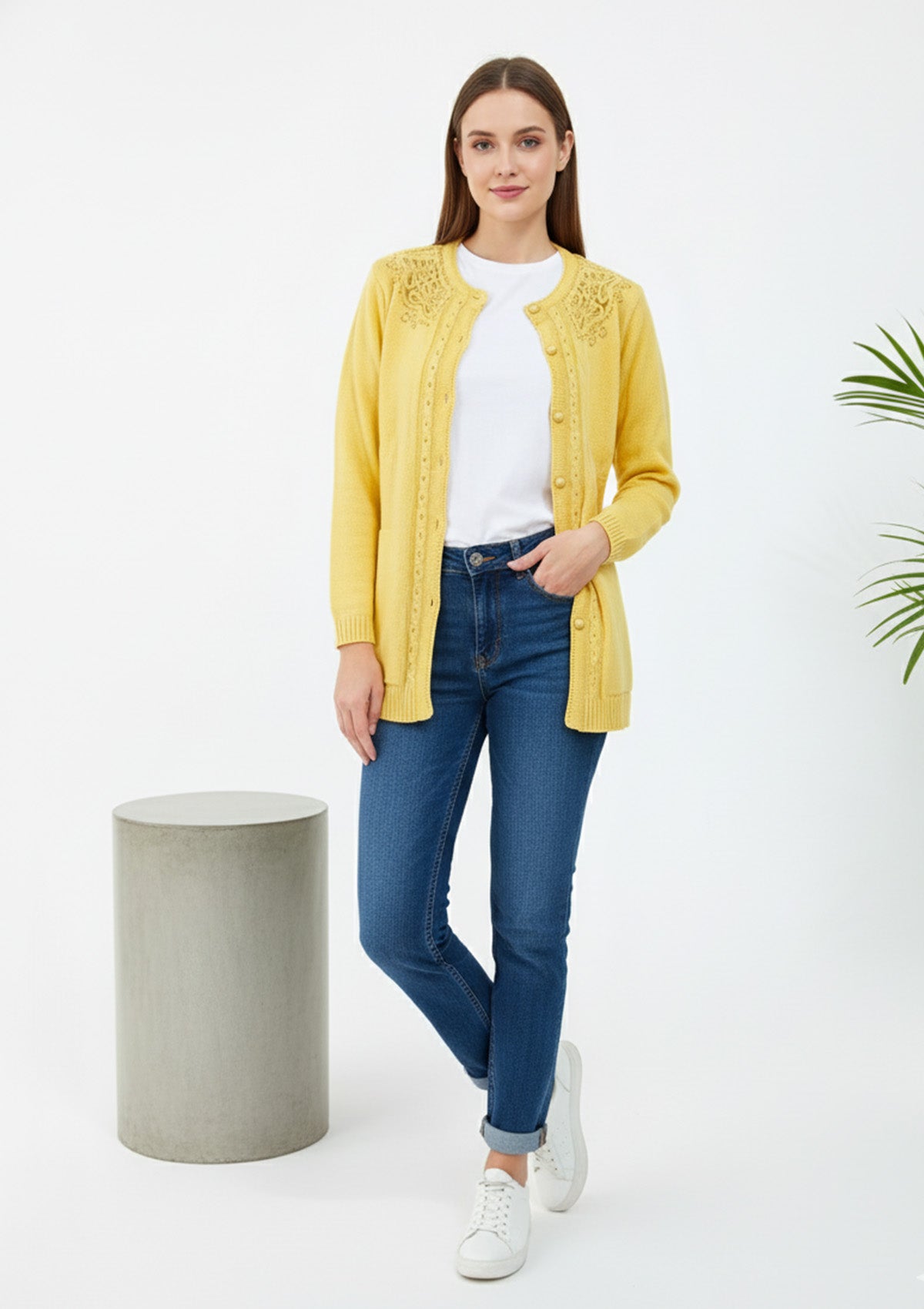 Women's Yellow Embellished Yoke Cardigan – Pearl Bead Detail