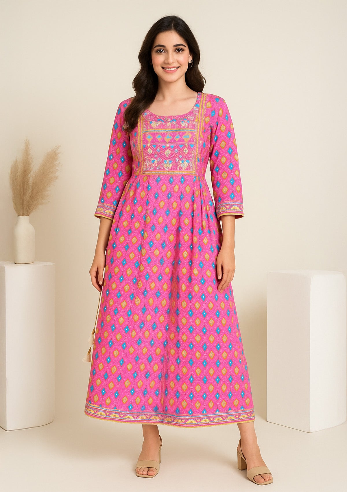 Embroidered Cotton Floor Length Kurta Gown  – Pink Multicolor