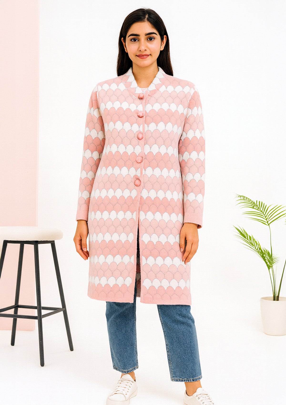 Feather Wool Long Cardigan – Pastel Pink & White with Scallop Knit