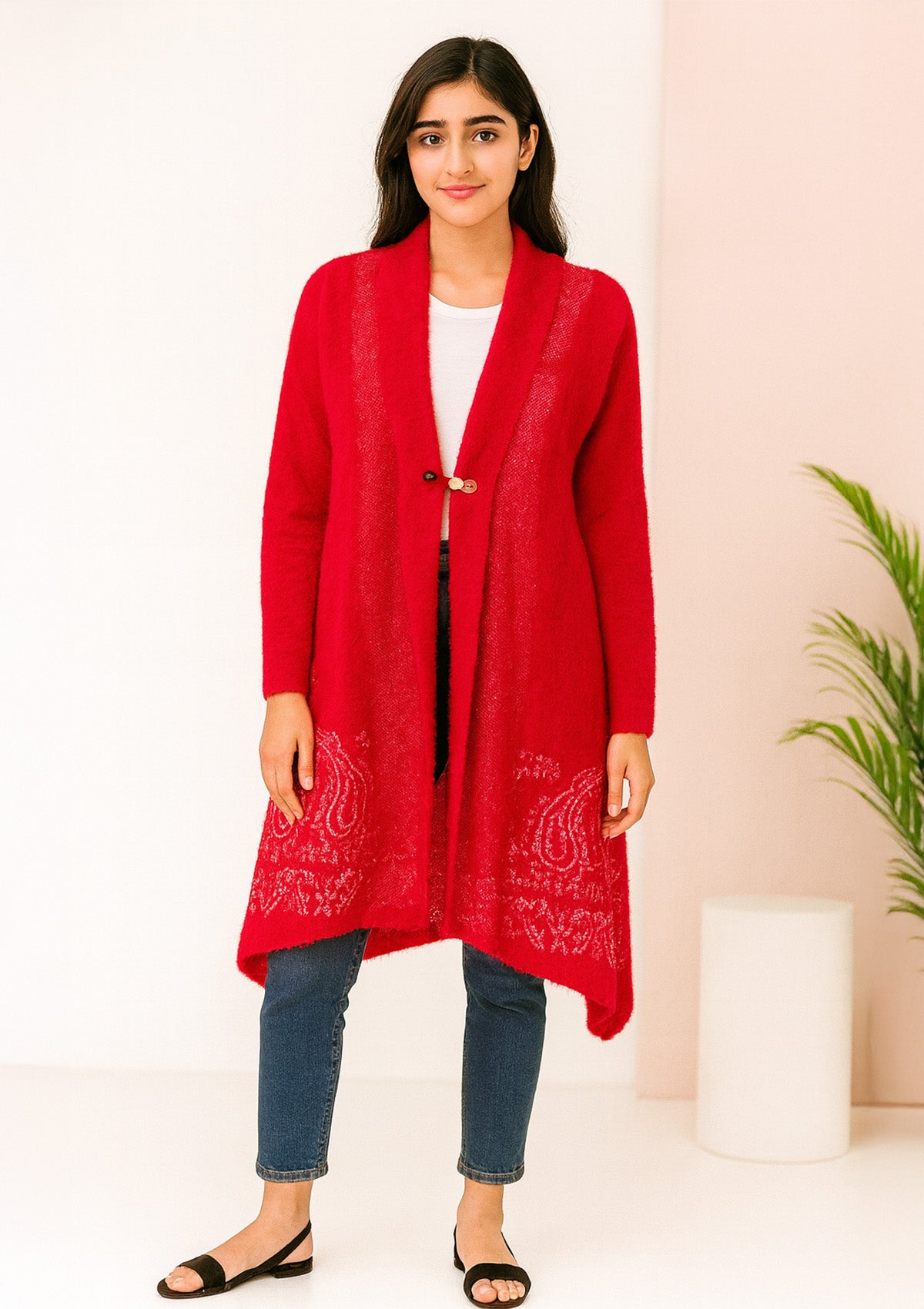 Cozy Winter Luxury Feather Wool Shrug – Rich Red