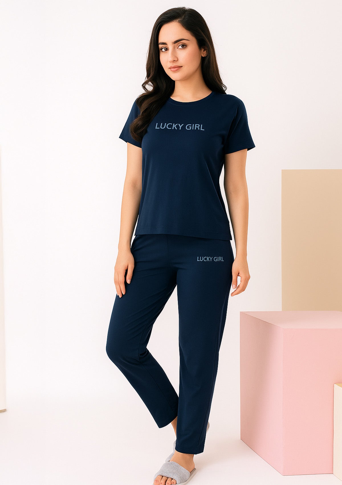 Navy Co‑Ord Set - Soft Knit Tee and Straight Fit Bottoms