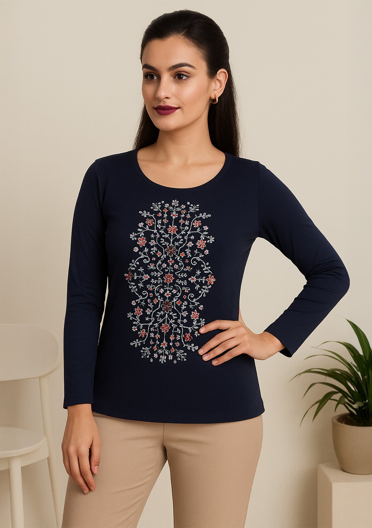 Melini Women’s Short Top – Navy Blue Floral Print