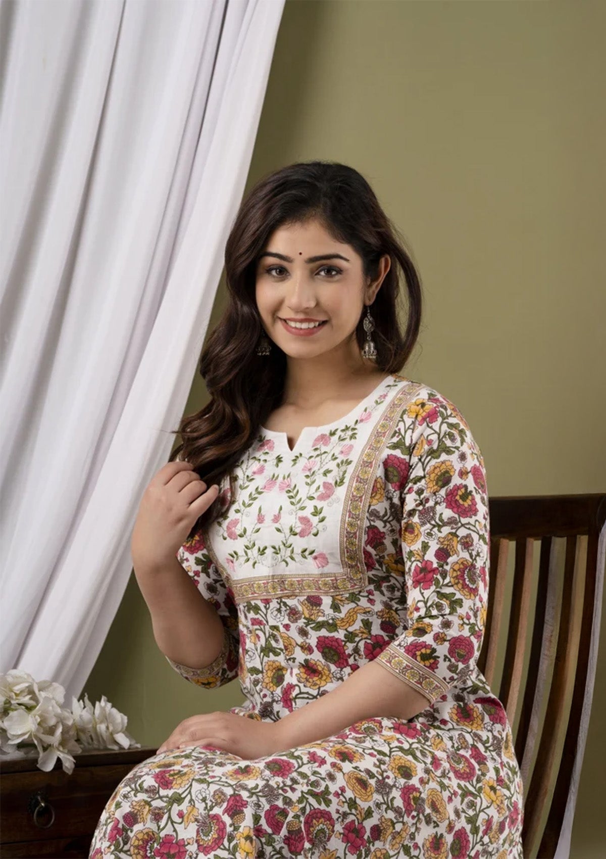 Embroidered Cotton Floor Length Gown for Women – White Floral Print