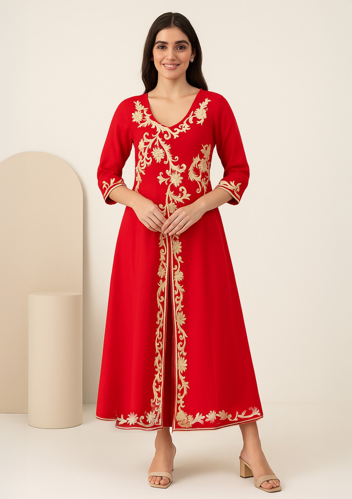 Red Georgette Embroidered One Piece Gown – Designer Golden Thread Work