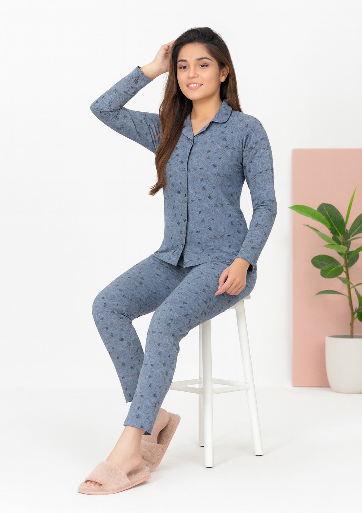ClothingSutra Women’s Night Suit – 3‑Piece Set, Sky Blue ditsy Floral Pyjama Suit