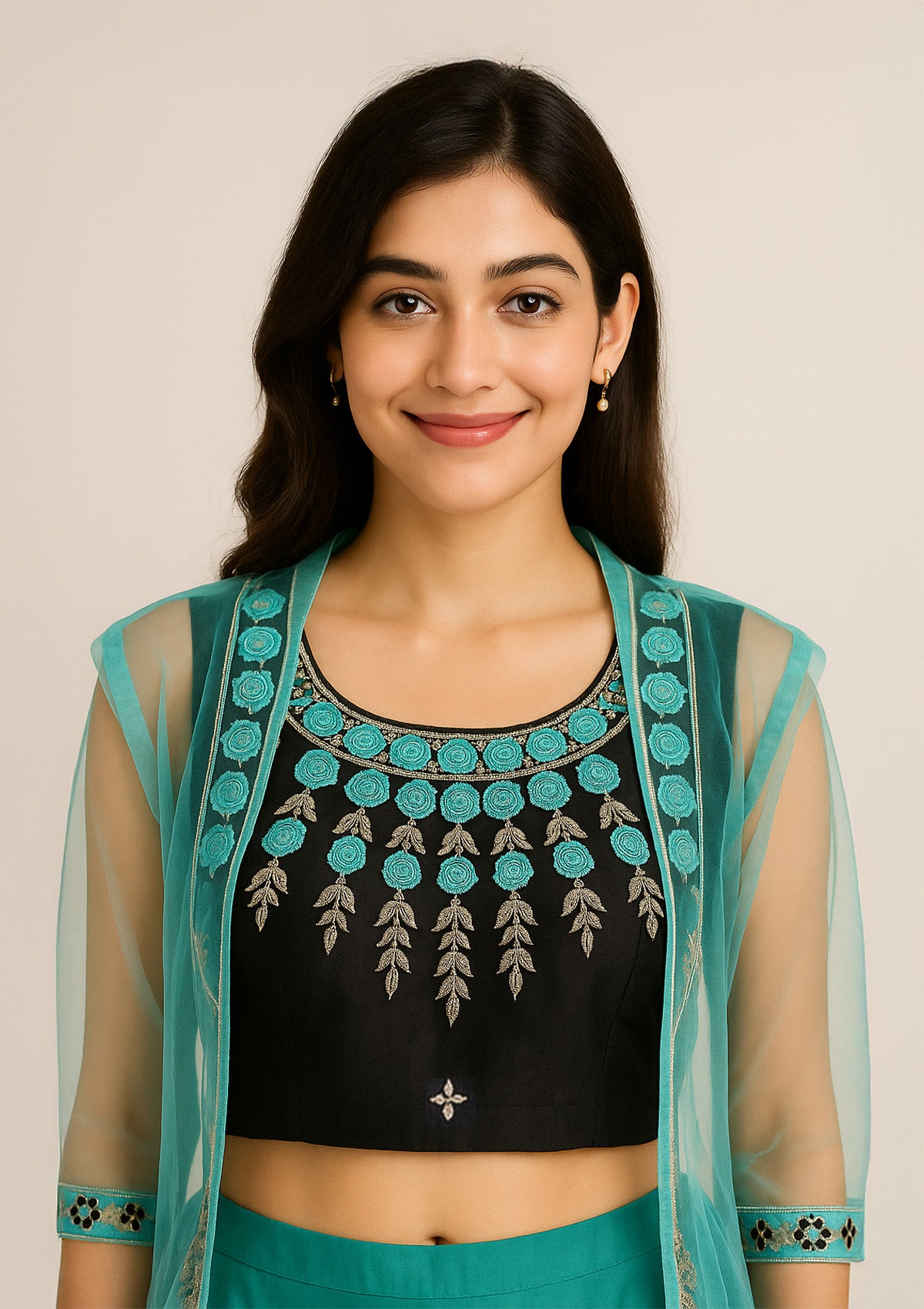 Black & Aqua Embroidered Crop Top with Embroidered Skirt & Shrug