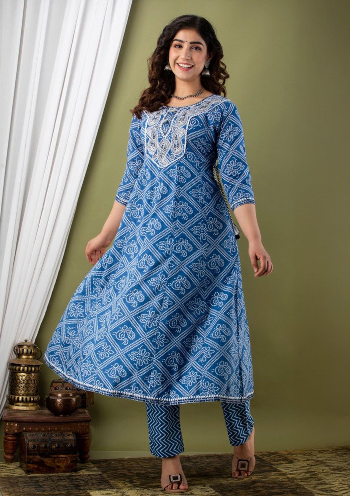Elegant Blue Cotton Printed Kurti Set with Pant & Dupatta