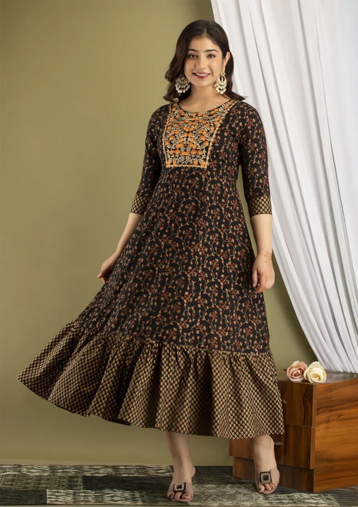 Black & Mustard Printed Cotton Floor Length Gown with Embroidered Yoke