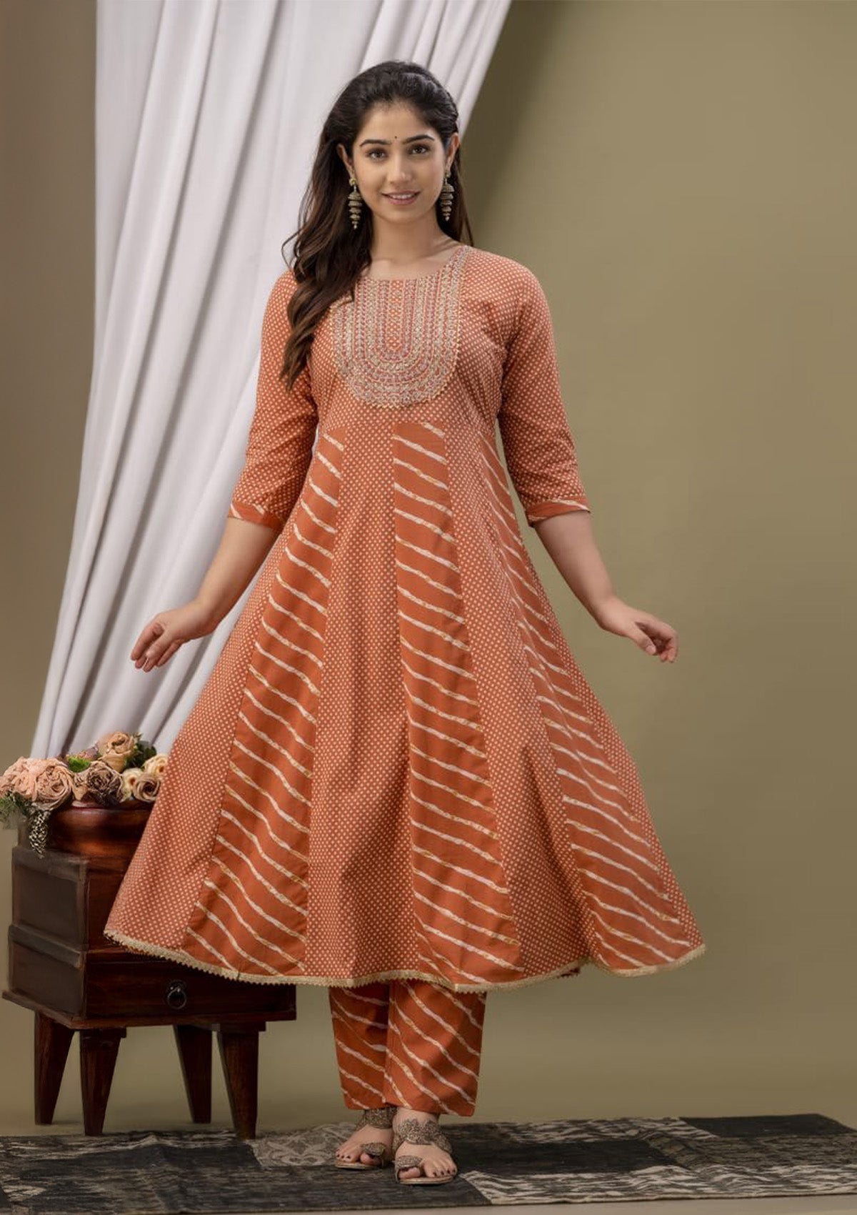 Elegant Cotton Stitched Suit/Kurti Set – Intricate Neck Embroidery