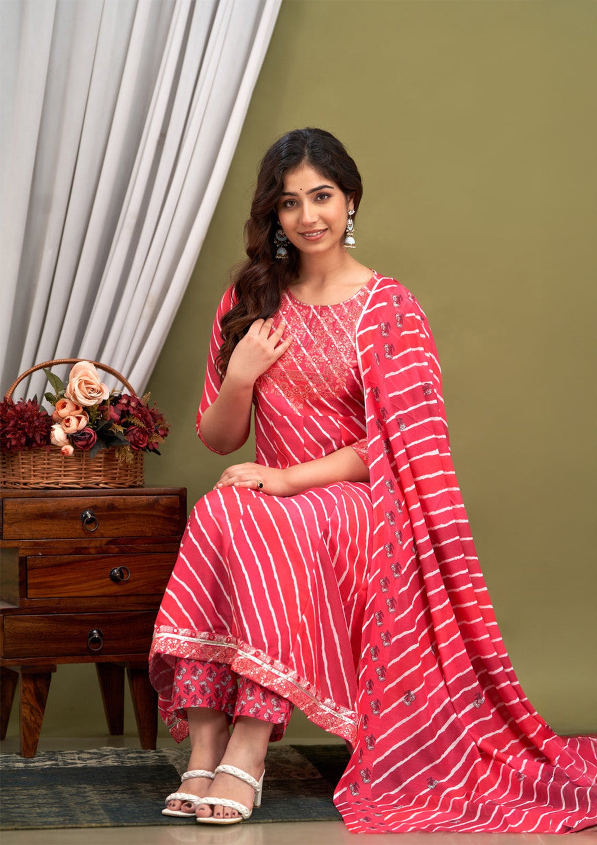 Pink Masleen Stitched Suit/Kurti Set with Embroidered Neckline