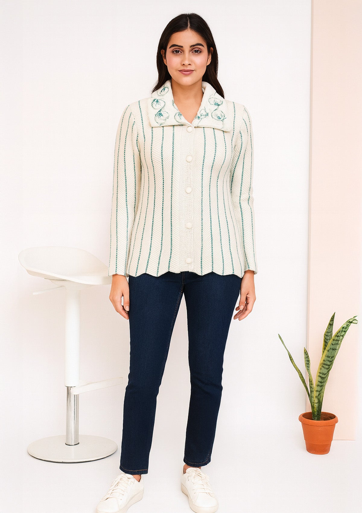 Victoria White & Green Line Collar Cardigan – Buttoned