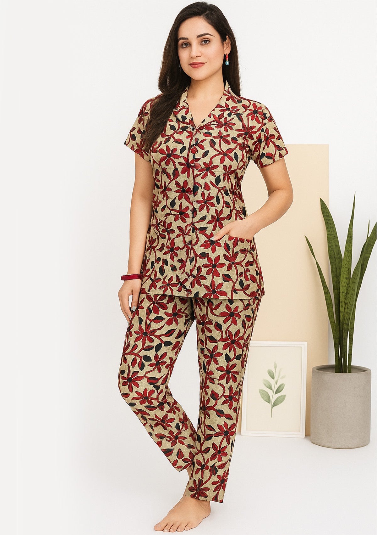 Satin Four Piece Nightwear - Satin Shirt, Pyjama, Tunic and Shorts