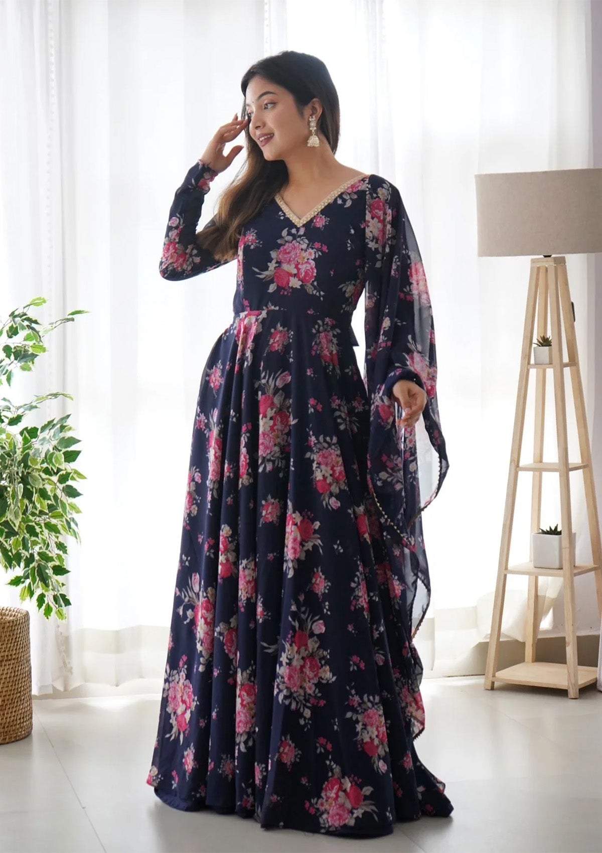 Navy Blue Floral Organza One Piece Gown - Full Flared Anarkali Maxi Dress