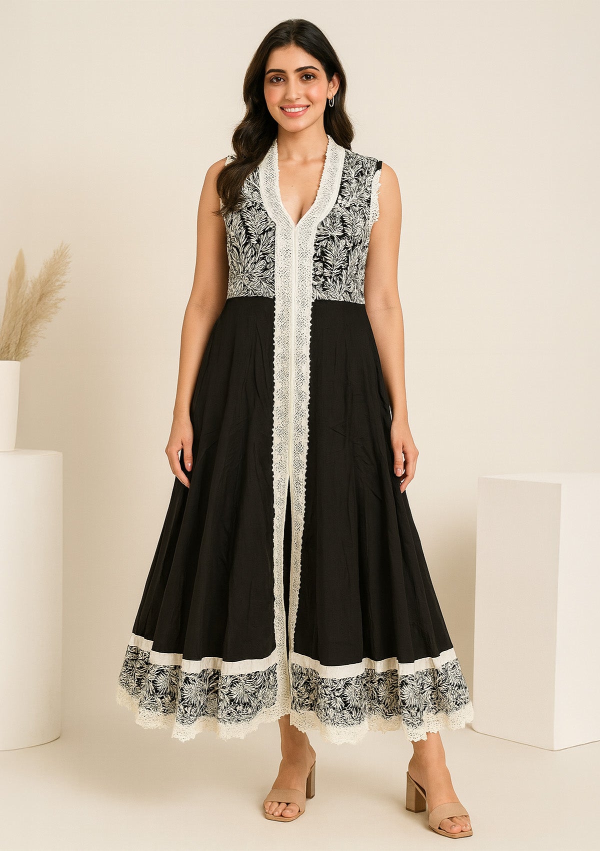 Black and White Embroidered Rayon Sleeveless One Piece Gown
