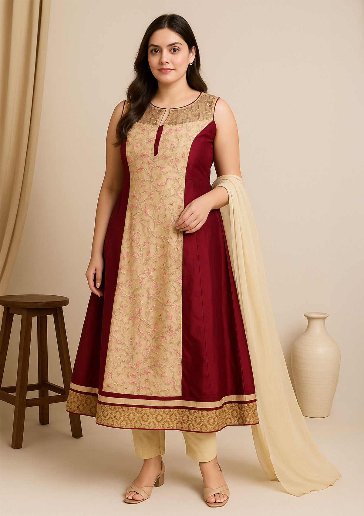 Girls Maroon & Gold Embroidered Suit with Pant & Dupatta