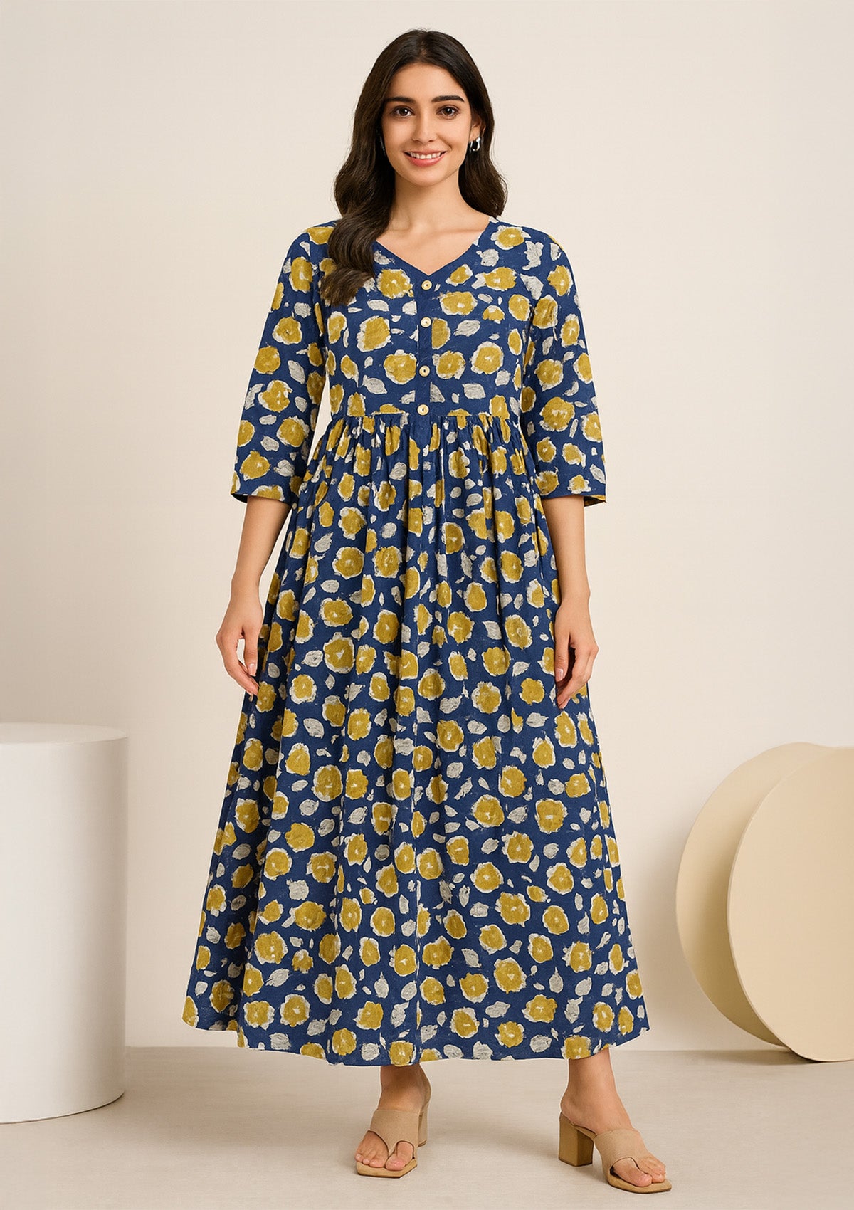 Navy Blue and Mustard Yellow Cotton One Piece Gown – Floral Printed
