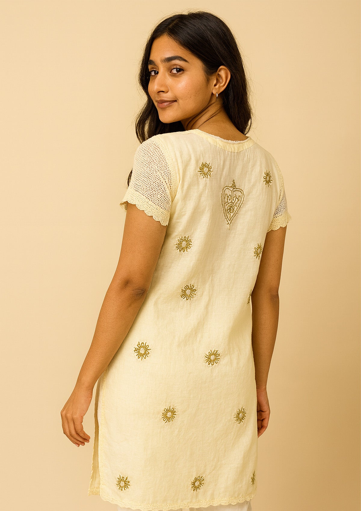 Elegant Short Cream Cotton Embroidered Kurti – Half Sleeves