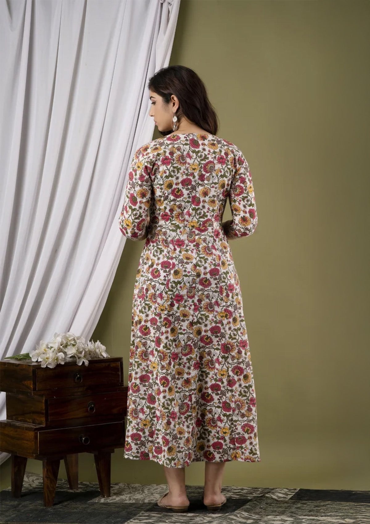 Embroidered Cotton Floor Length Gown for Women – White Floral Print