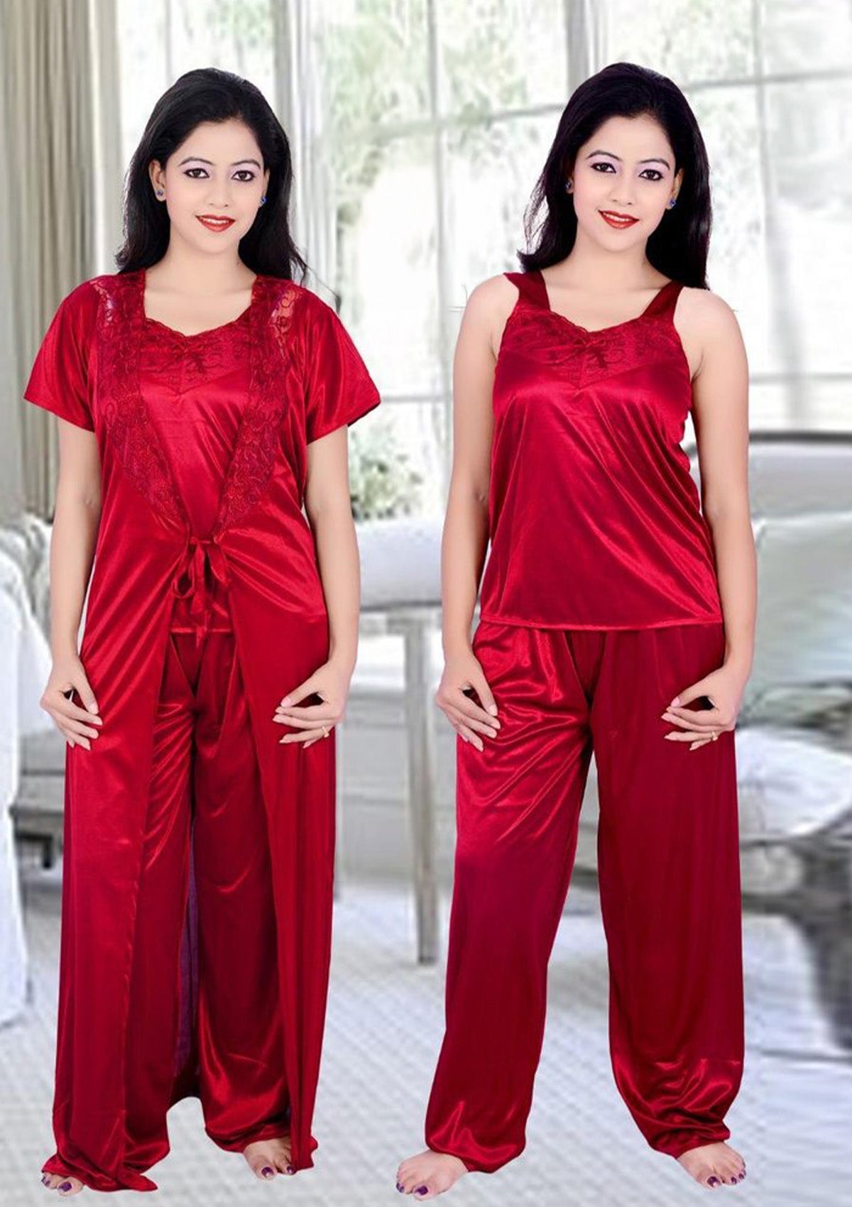 Red Satin 3-Piece Fancy Night Suit Set with Robe, Camisole & Pyjama