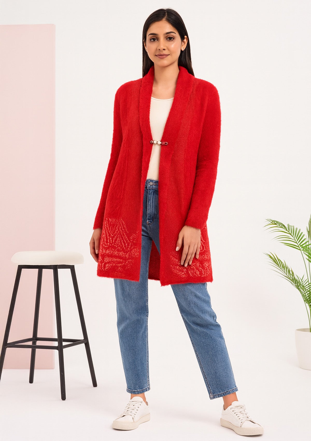 Cozy Winter Luxury Feather Wool Shrug – Rich Red