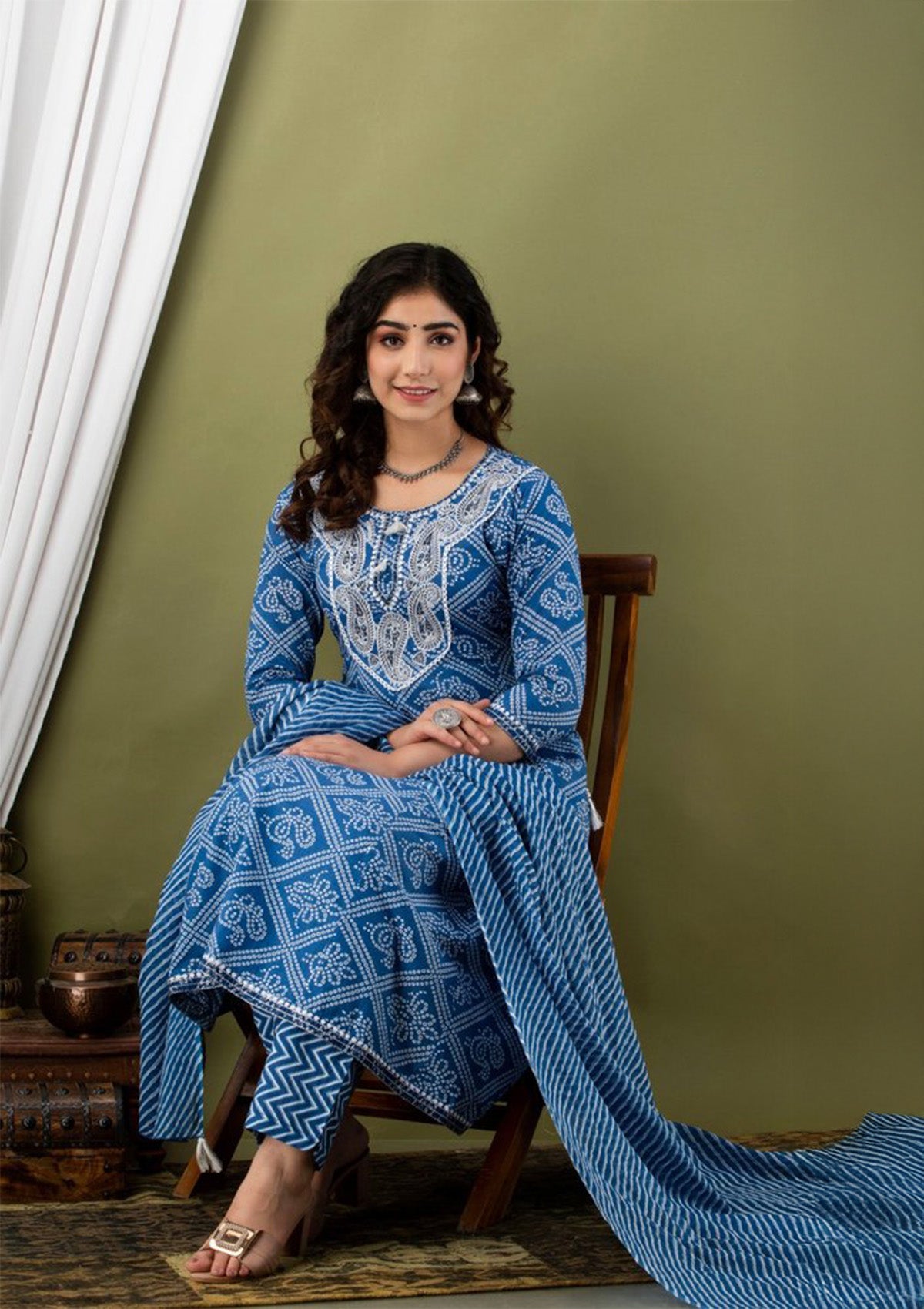 Elegant Blue Cotton Printed Kurti Set with Pant & Dupatta