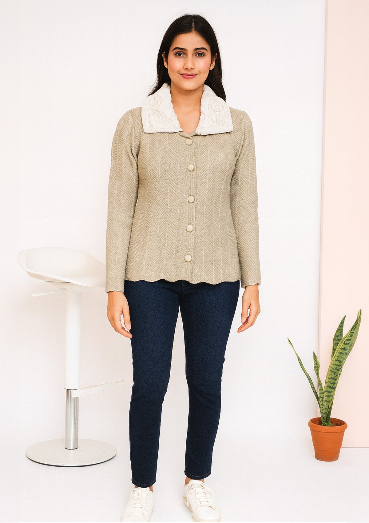Victoria Beige Zigzag Collar Cardigan – Buttoned