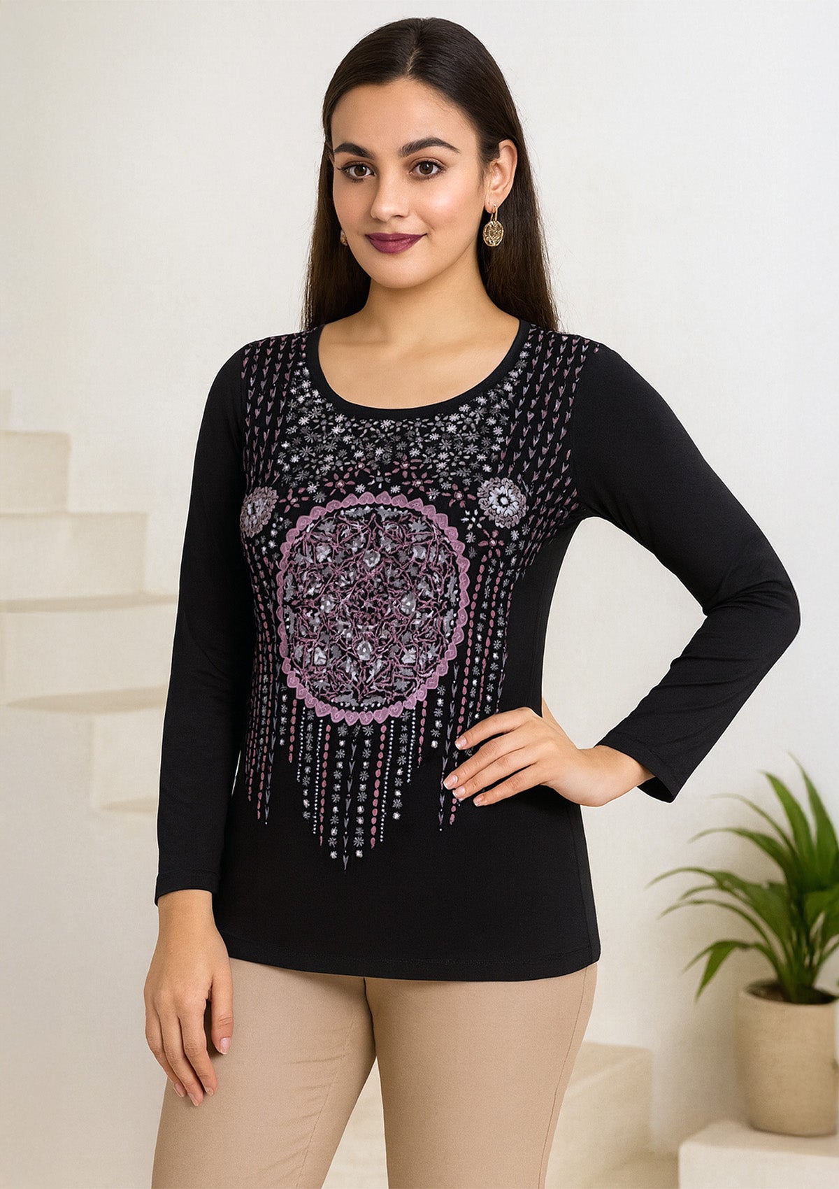 Melini Women’s Short Top – Black Floral & Geometric Print