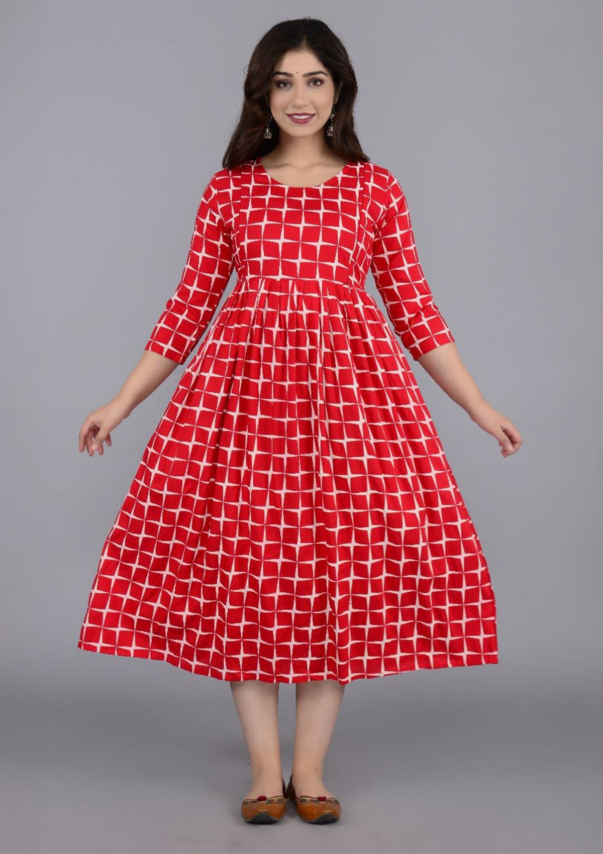 Red & White Rayon Anarkali Feeding/Maternity Kurti with Concealed Zipper