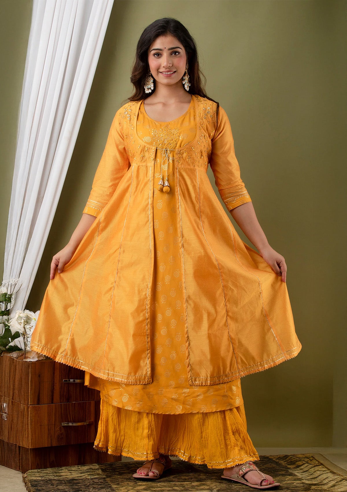 Bright Mustard Yellow Chanderi Silk 3 Piece Suit Set with Embroidered Kurta