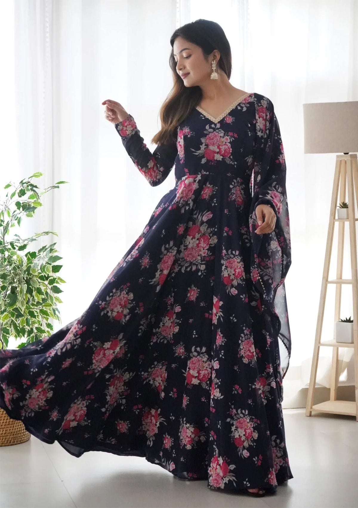 Navy Blue Floral Organza One Piece Gown - Full Flared Anarkali Maxi Dress