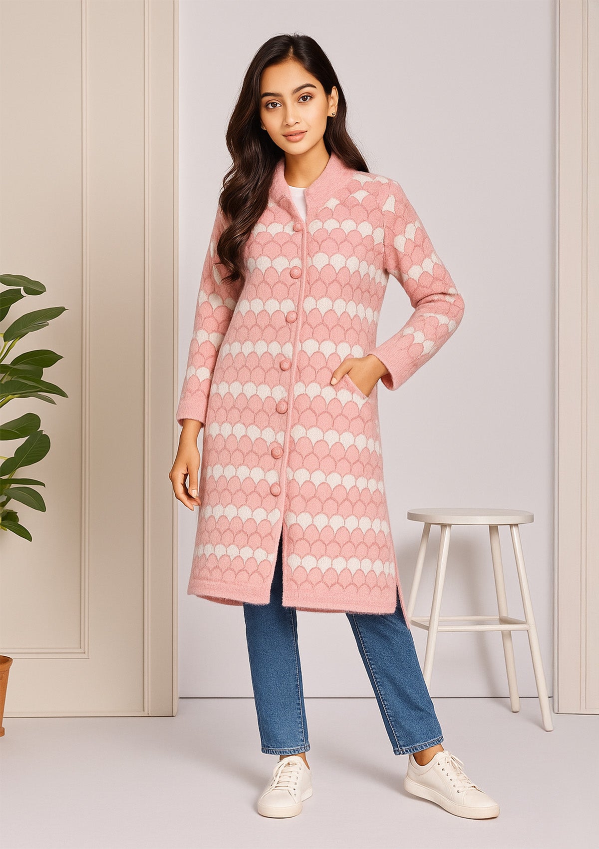 Feather Wool Long Cardigan – Pastel Pink & White with Scallop Knit