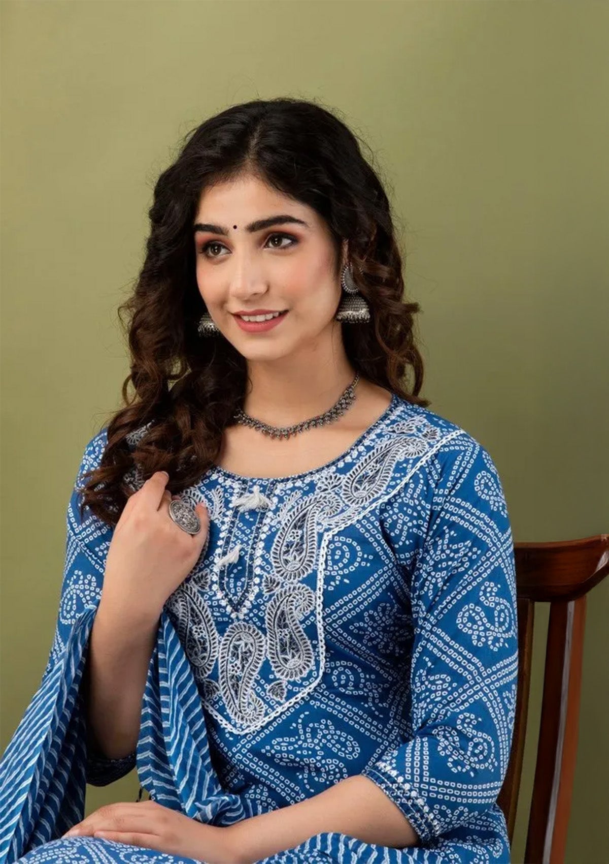 Elegant Blue Cotton Printed Kurti Set with Pant & Dupatta