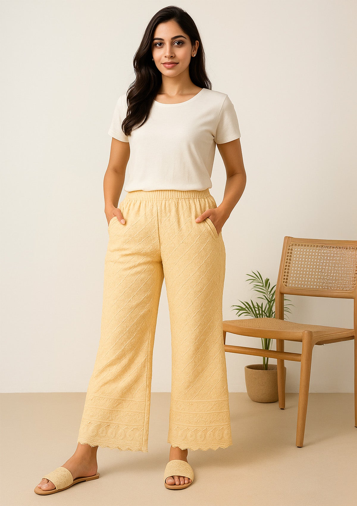 Women’s Beige Rayon Palazzo – Chikankari Embroidery Pant