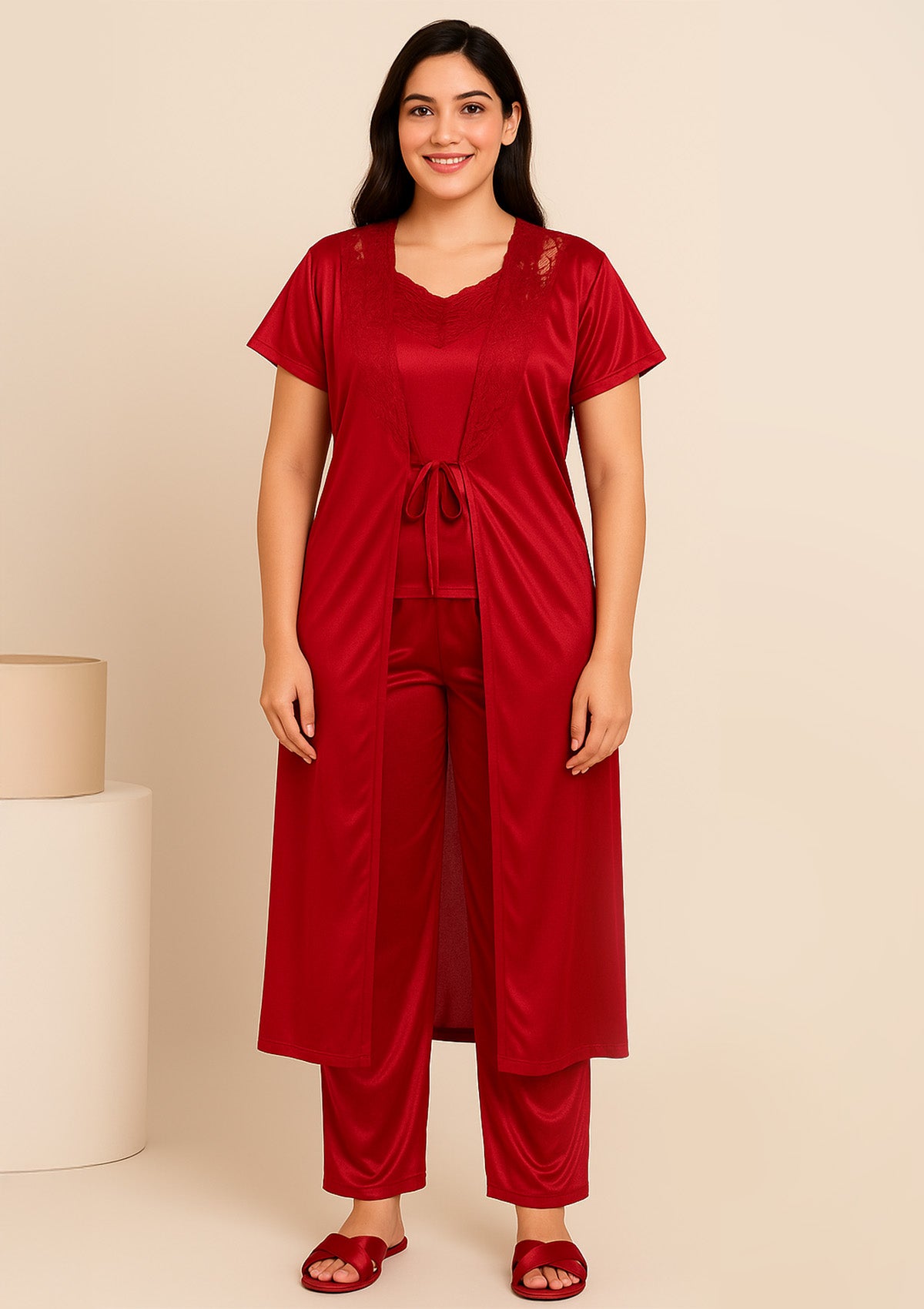 Red Satin 3-Piece Fancy Night Suit Set with Robe, Camisole & Pyjama