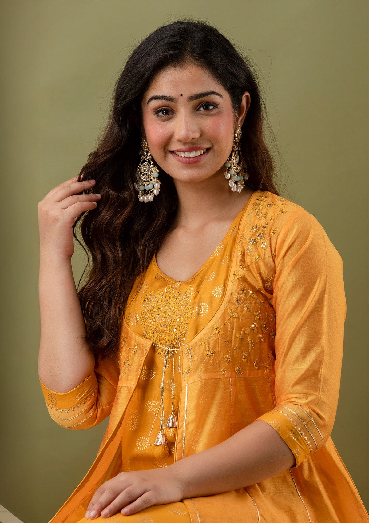 Bright Mustard Yellow Chanderi Silk 3 Piece Suit Set with Embroidered Kurta