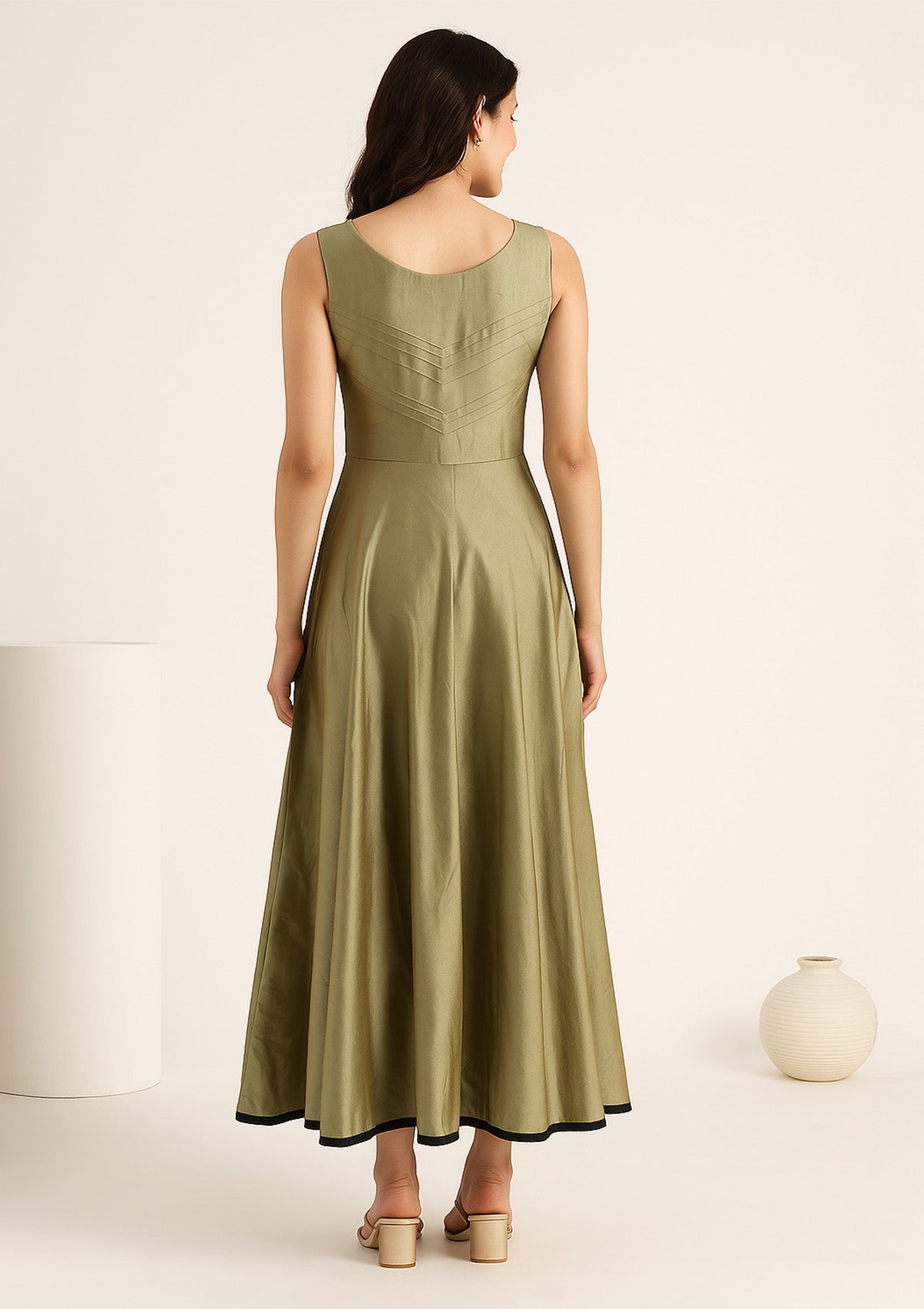Olive Green - Golden Silk Black Embroidered One Piece Gown ClothingSutra Olive Green - Golden Silk Black Embroidered One Piece Gown ClothingSutra