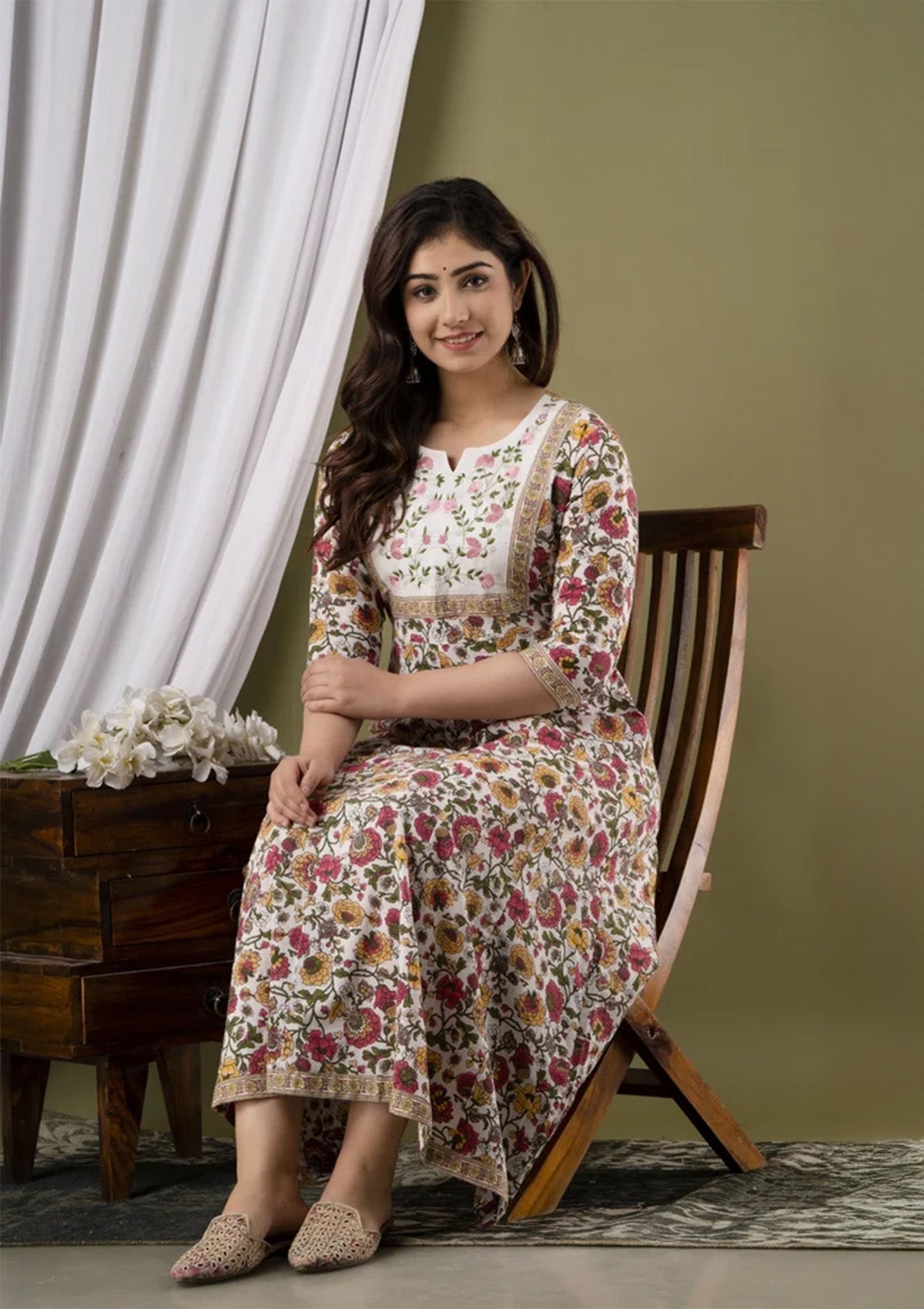 Embroidered Cotton Floor Length Gown for Women – White Floral Print
