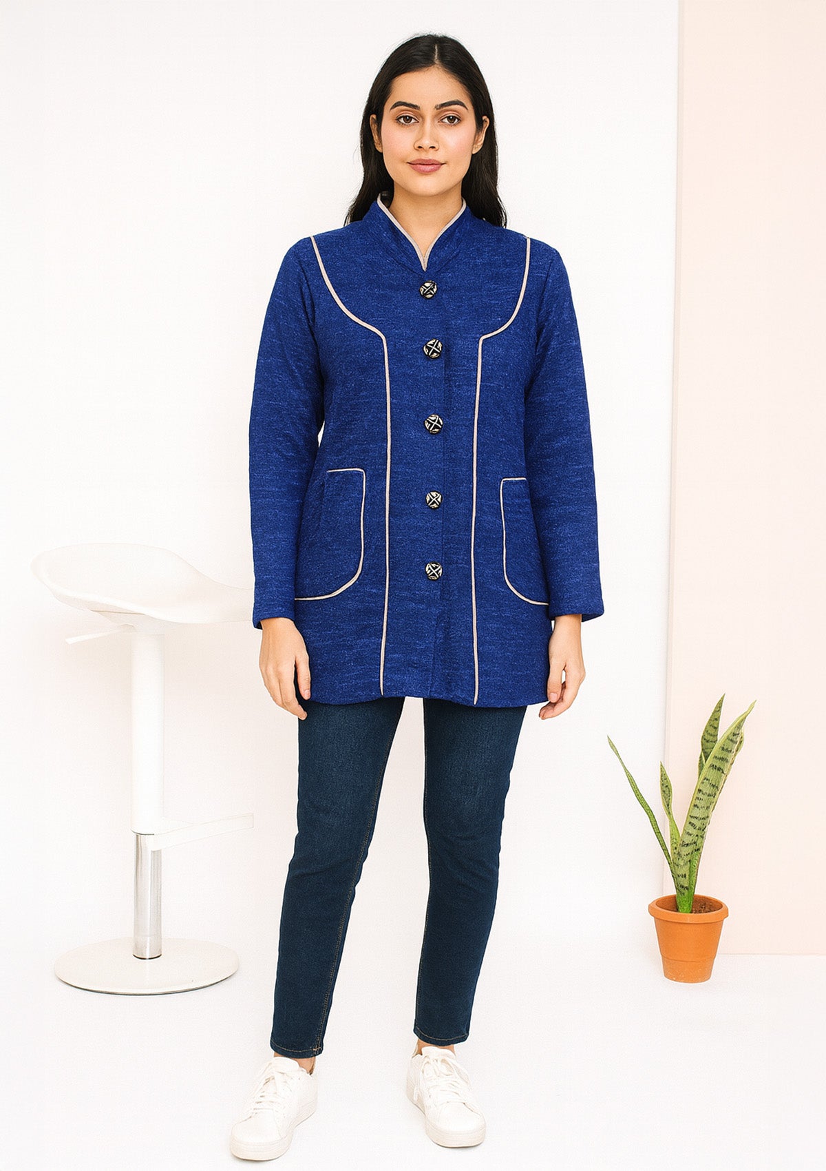Royal Blue Woolen Coat Style Cardigan – Contrast Piping