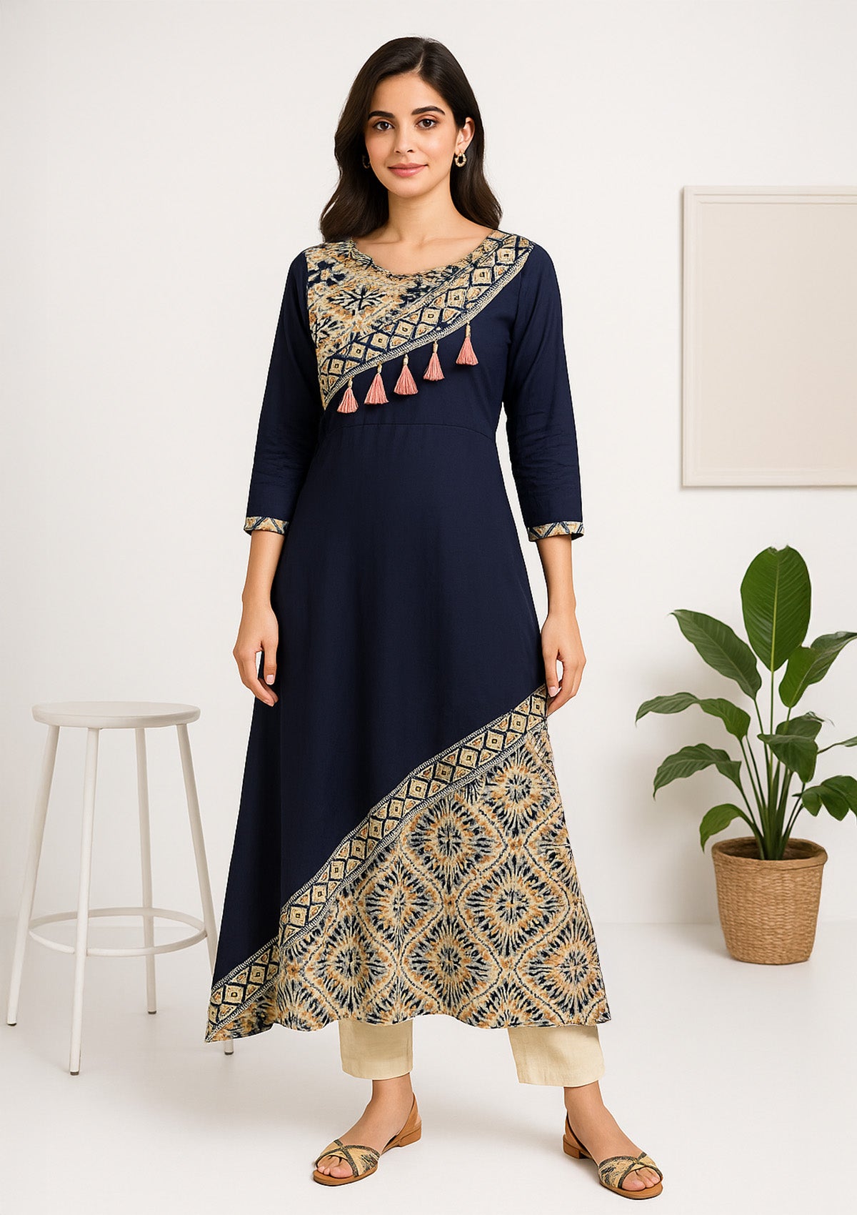 Women's Rayon A-line Kurti – Navy Blue with Boho Print Yoke