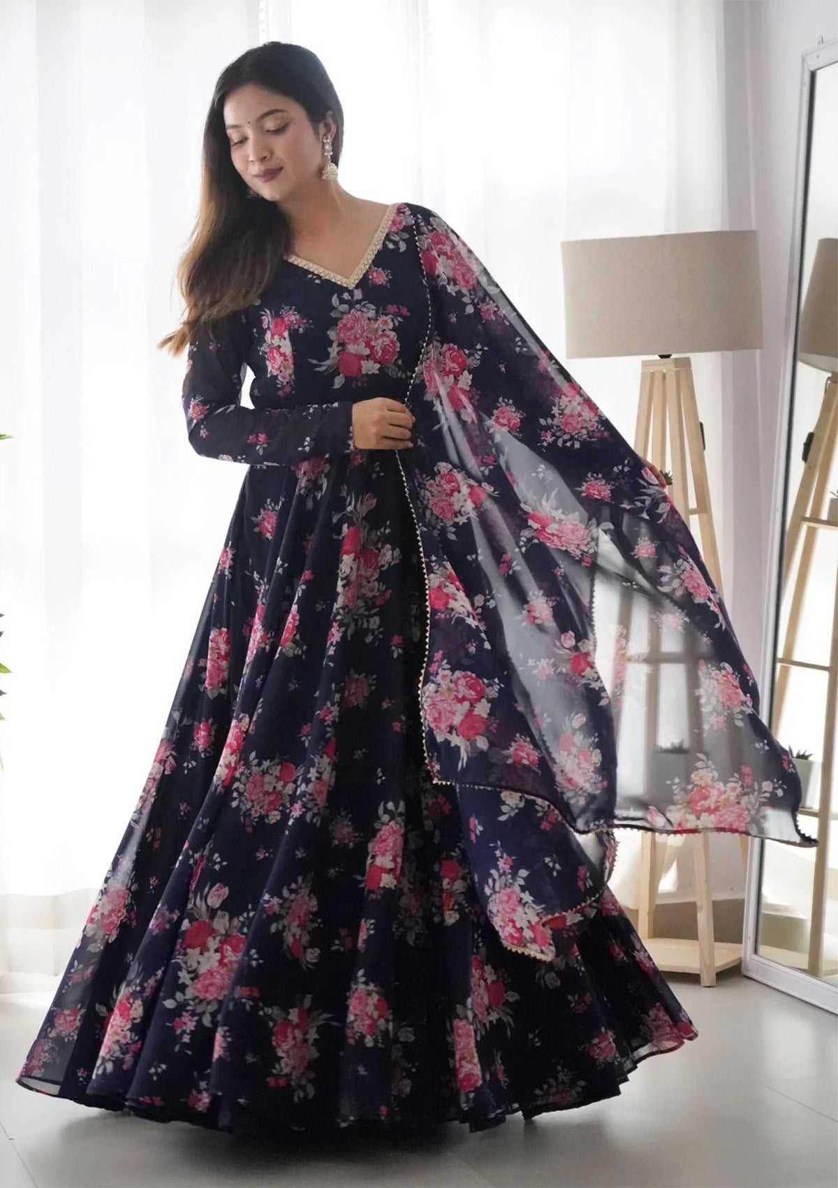 Navy Blue Floral Organza One Piece Gown - Full Flared Anarkali Maxi Dress