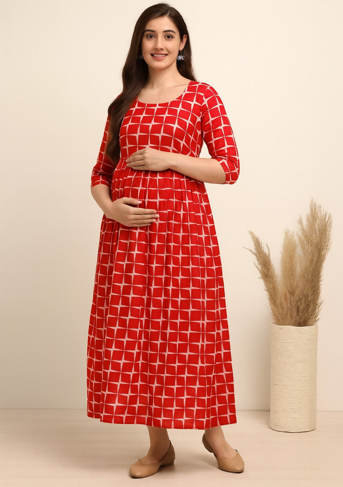 Red & White Rayon Anarkali Feeding/Maternity Kurti with Concealed Zipper