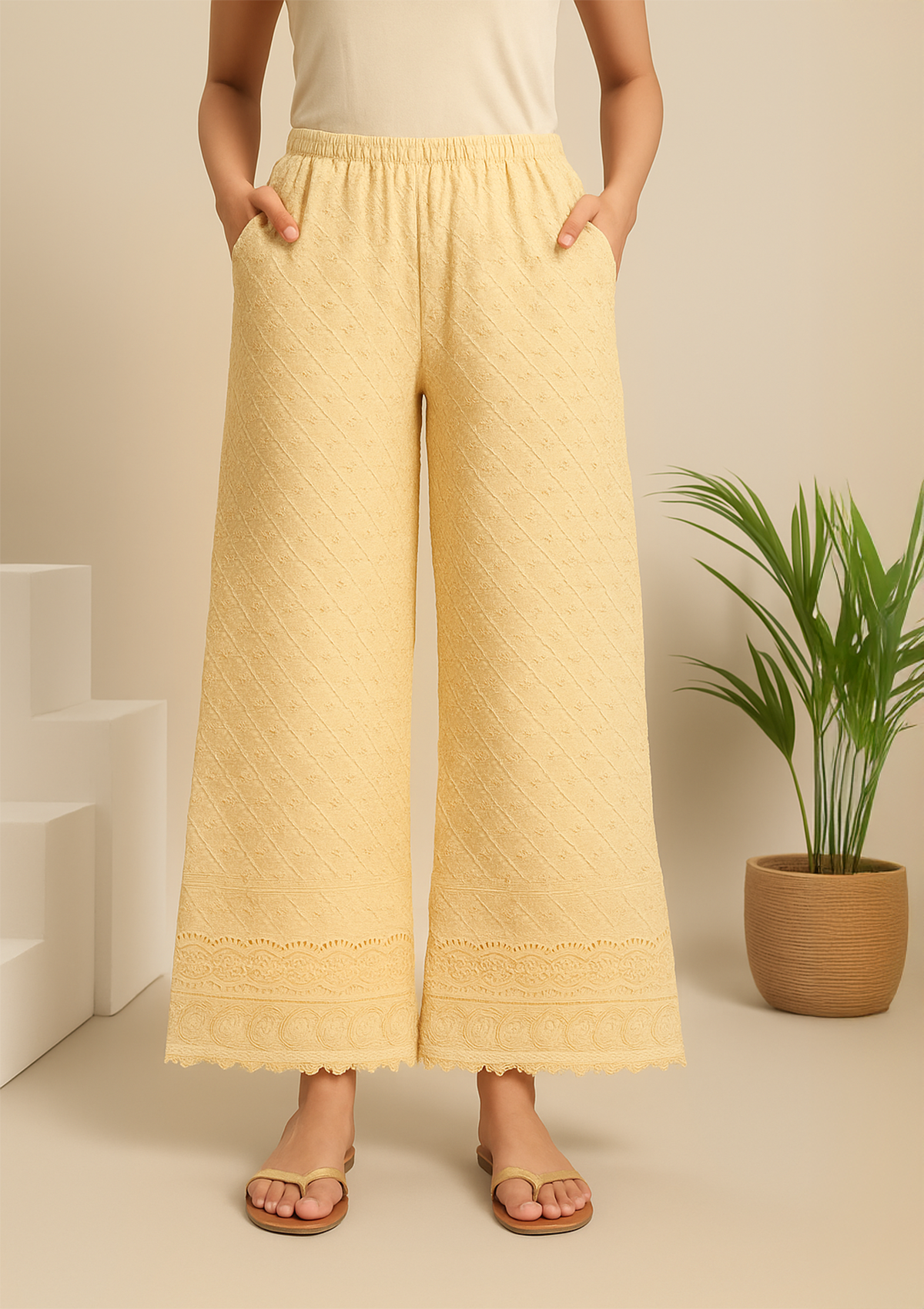 Women’s Beige Rayon Palazzo – Chikankari Embroidery Pant