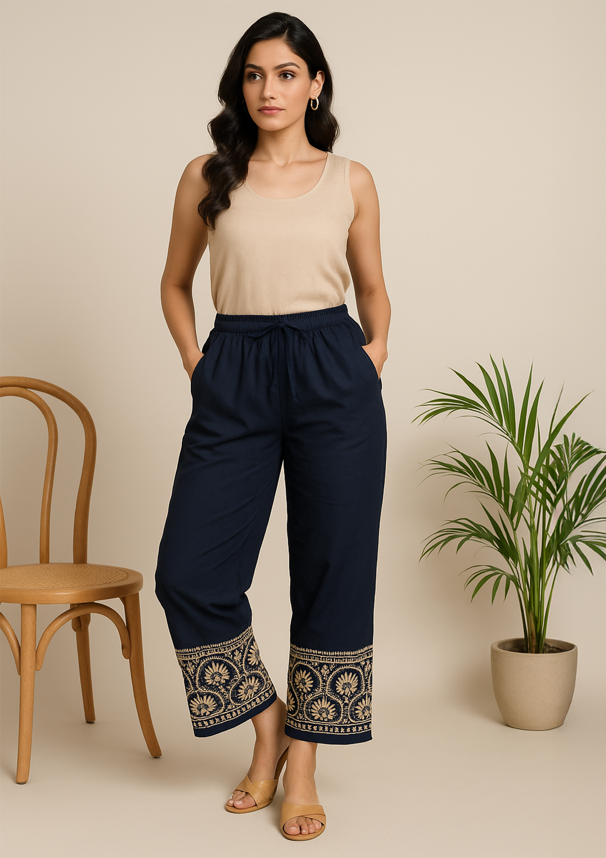 Women’s Navy Rayon Pant – Ethnic Embroidered Golden Floral Border