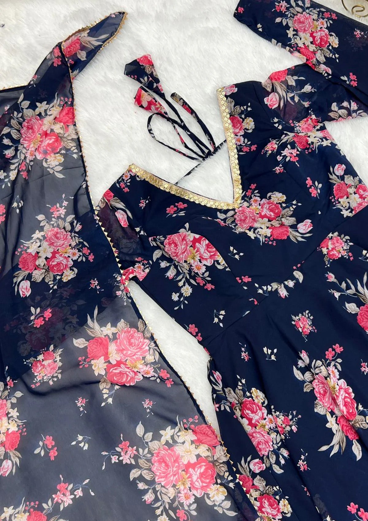 Navy Blue Floral Organza One Piece Gown - Full Flared Anarkali Maxi Dress