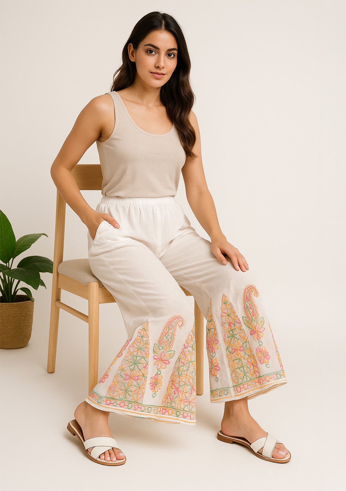 Women’s White Sharara – Multicolour Threadwork Heavy Embroidered