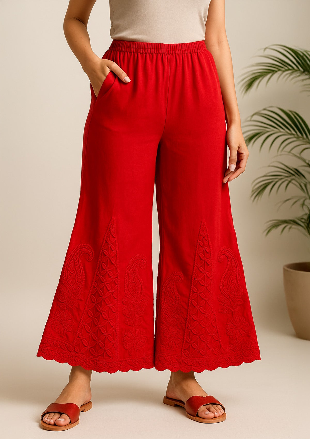 Women’s Red Georgette Sharara – Threadwork Heavy Embroidered