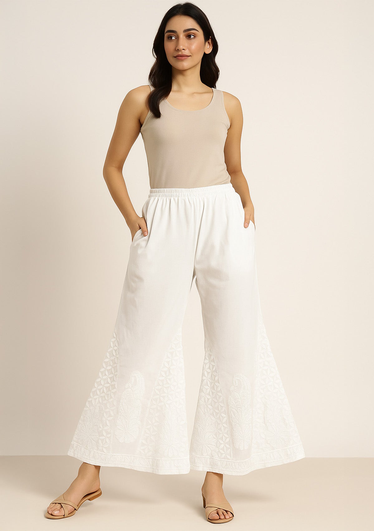 Women’s White Georgette Sharara – Same Colour Threadwork